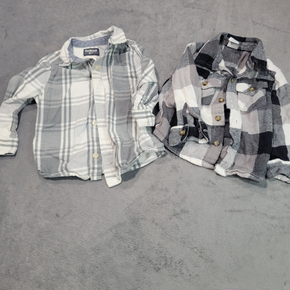 OshKosh Healthtex Plaid Shirt Boys 18M Grey Black Flannel Button Down Bundle 2pc